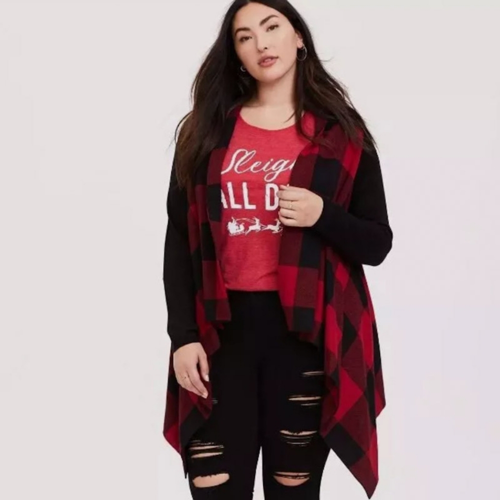 Torrid Red Plaid Drape Front Cardigan Size 2